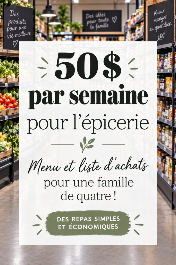 Une famille heureuse autour d'une table avec des plats faits maison et un budget épicerie de 50 $