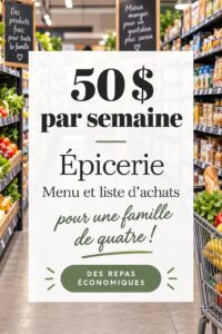 Budget alimentaire de 50€ pour une famille de quatre avec un aperçu de repas et de petites économies.
