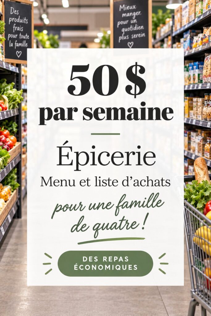 Budget alimentaire de 50€ pour une famille de quatre avec un aperçu de repas et de petites économies.