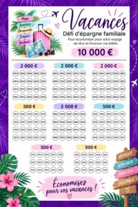 Un tableau de suivi des économies pour des vacances en famille sur une table en bois.
