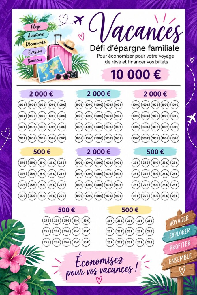 Un tableau de suivi des économies pour des vacances en famille sur une table en bois.