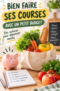 Un panier de courses rempli de produits frais et peu coûteux, symbolisant une gestion budgétaire efficace.