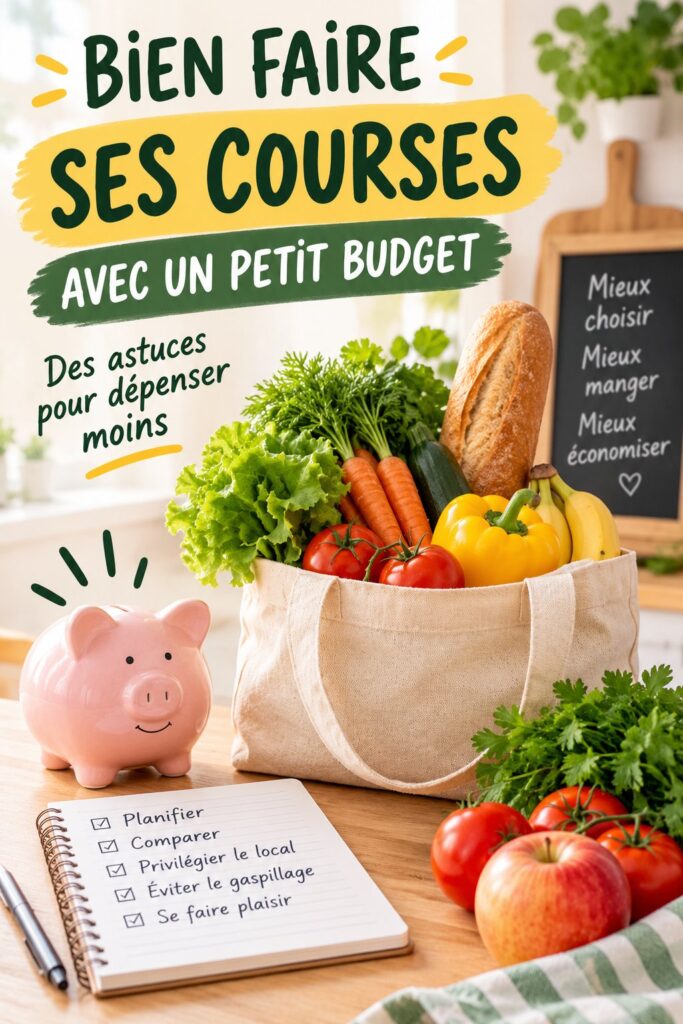 Un panier de courses rempli de produits frais et peu coûteux, symbolisant une gestion budgétaire efficace.