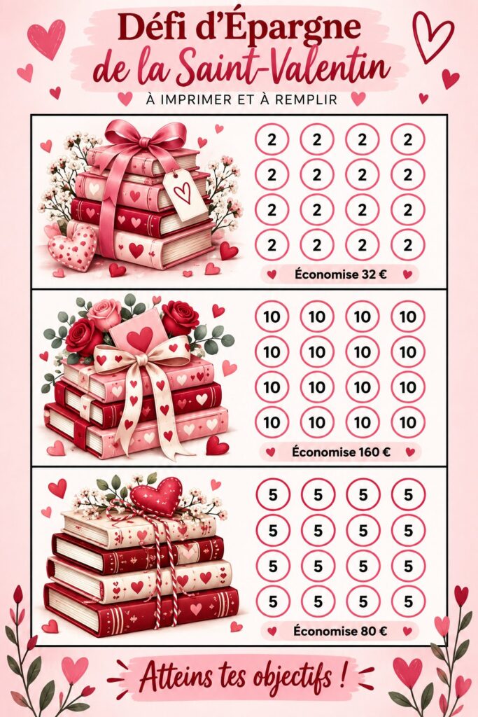 Une femme joyeuse montrant son traceur d'économies pour la Saint-Valentin sur son bureau.