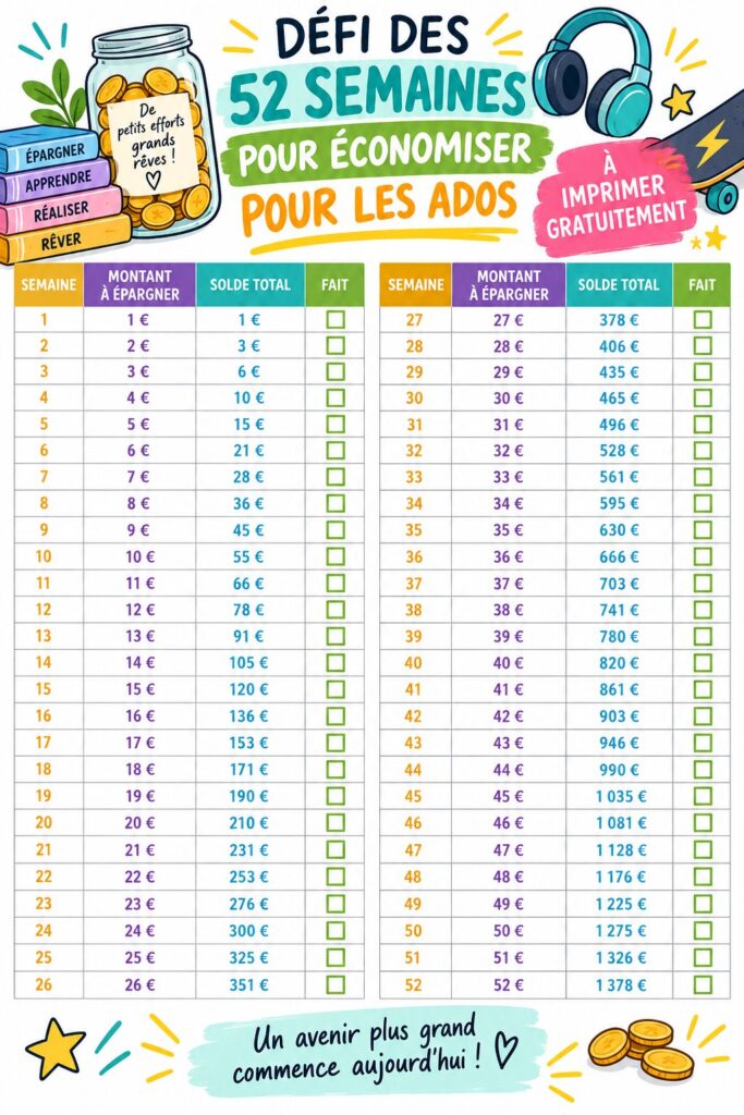 Une illustration colorée présentant le défi d'épargne de 52 semaines, symbolisant l'argent et les économies.