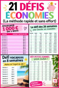 Une femme souriante qui réussit son défi d'épargne en tenant un pot d'économies.