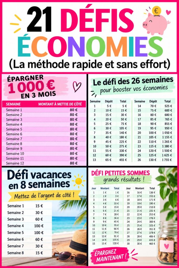 Une femme souriante qui réussit son défi d'épargne en tenant un pot d'économies.