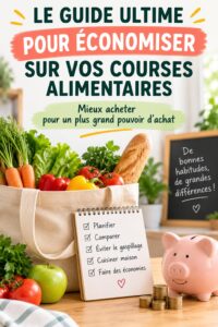 Photo d'une femme faisant ses courses avec un caddie rempli de produits frais, illustrant des économies sur le budget alimentaire.