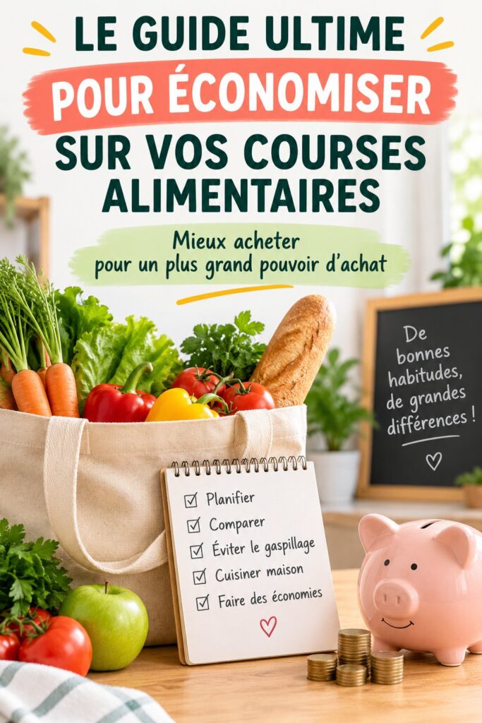 Photo d'une femme faisant ses courses avec un caddie rempli de produits frais, illustrant des économies sur le budget alimentaire.