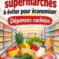Une femme souriante avec un chariot de courses dans un supermarché, cherchant des informations pour économiser.