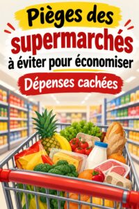Une femme souriante avec un chariot de courses dans un supermarché, cherchant des informations pour économiser.