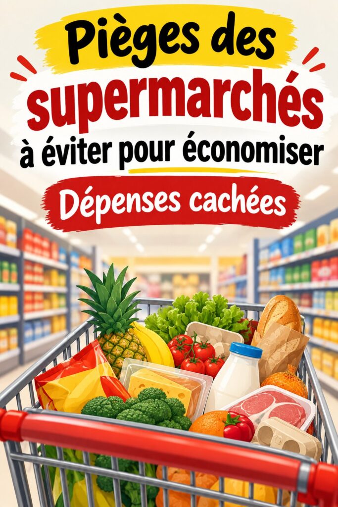 Une femme souriante avec un chariot de courses dans un supermarché, cherchant des informations pour économiser.