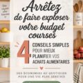Femme souriante regardant une liste de courses tout en faisant ses courses au supermarché, illustrant une gestion efficace du budget.
