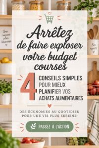Femme souriante regardant une liste de courses tout en faisant ses courses au supermarché, illustrant une gestion efficace du budget.