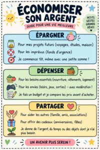 Illustration d'un graphique sur la gestion de l'argent avec les mots Dépenser, Épargner, Partager