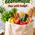 Liste de courses économique sur un comptoir de cuisine, avec des produits alimentaires variés.