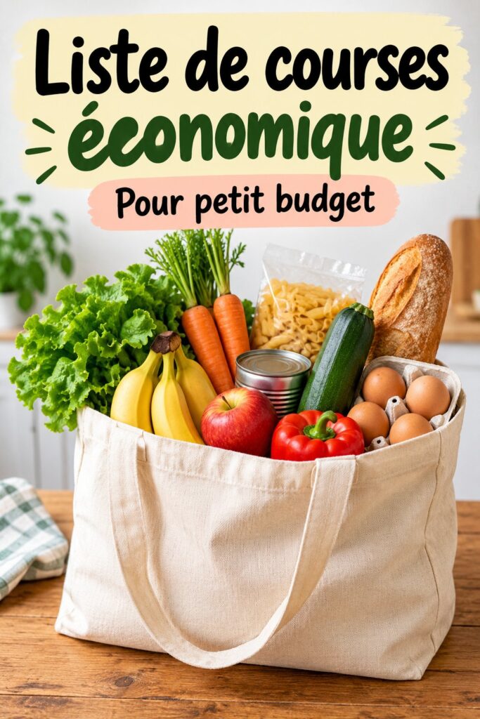 Liste de courses économique sur un comptoir de cuisine, avec des produits alimentaires variés.