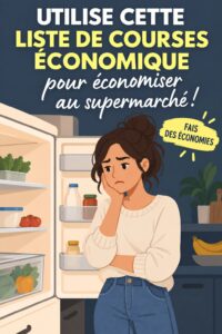 Photo d'une liste de courses économique sur une table avec des produits alimentaires, illustrant la gestion du budget.