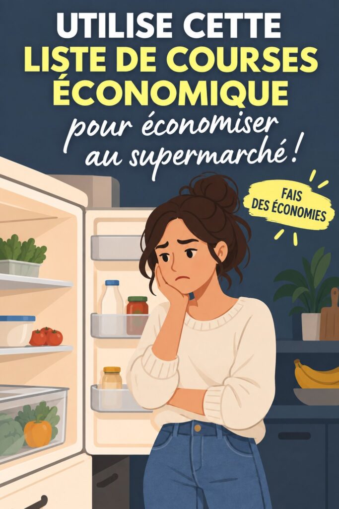 Photo d'une liste de courses économique sur une table avec des produits alimentaires, illustrant la gestion du budget.