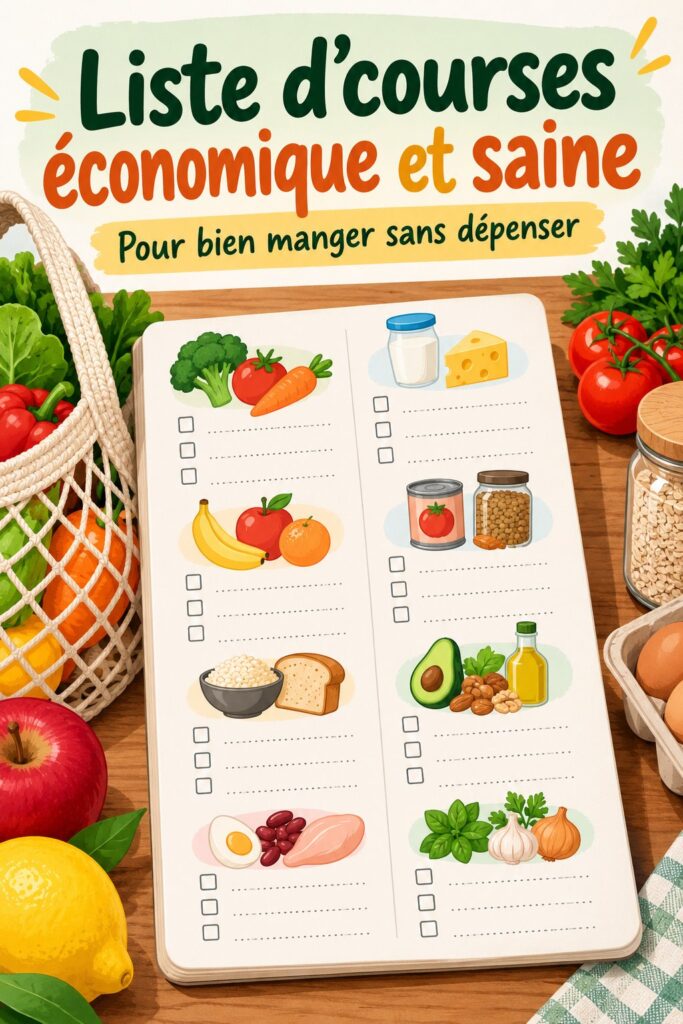Liste de courses saines et bon marché sur une table en bois avec des légumes frais.