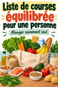 Photo d'une liste de courses saine pour une personne, entourée d'aliments frais et équilibrés.