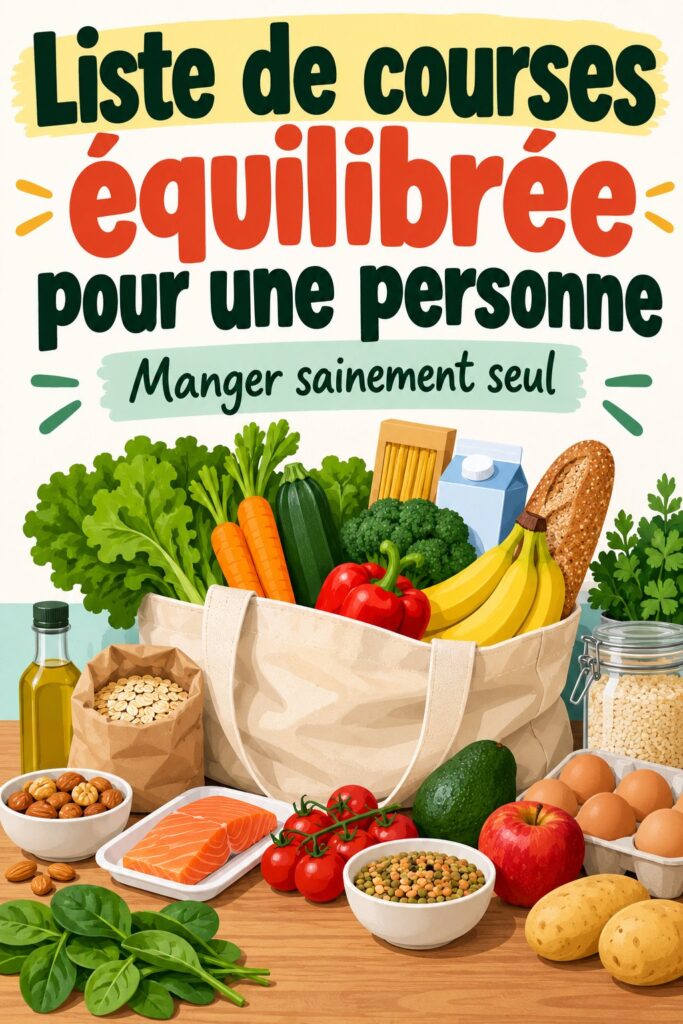 Photo d'une liste de courses saine pour une personne, entourée d'aliments frais et équilibrés.