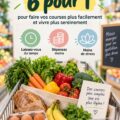 Femme faisant des courses dans un supermarché, avec un sac réutilisable et une liste de courses, illustrant la méthode 6 à 1.