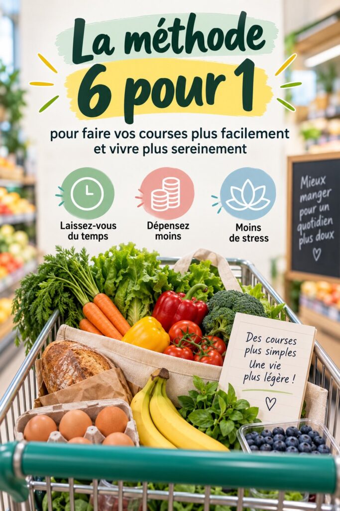 Femme faisant des courses dans un supermarché, avec un sac réutilisable et une liste de courses, illustrant la méthode 6 à 1.