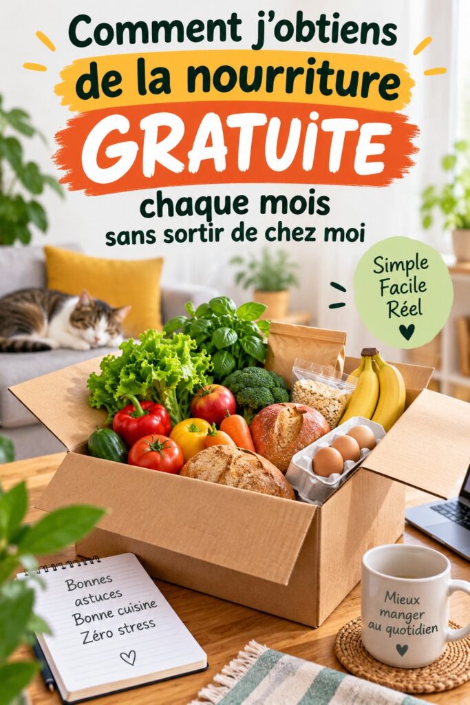 Femme souriante préparant un plat avec des aliments obtenus gratuitement chez elle.