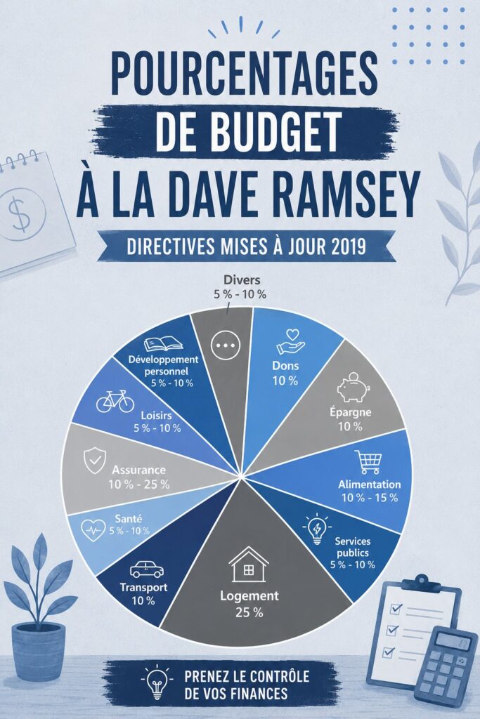 Graphique illustrant les pourcentages de budget selon Dave Ramsey pour une gestion financière équilibrée.