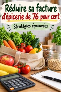Femme au supermarché examinant les produits pour réduire sa facture de courses avec un sourire