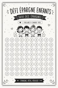 Image d'un tracker d'épargne A6 avec des illustrations pour enfants.