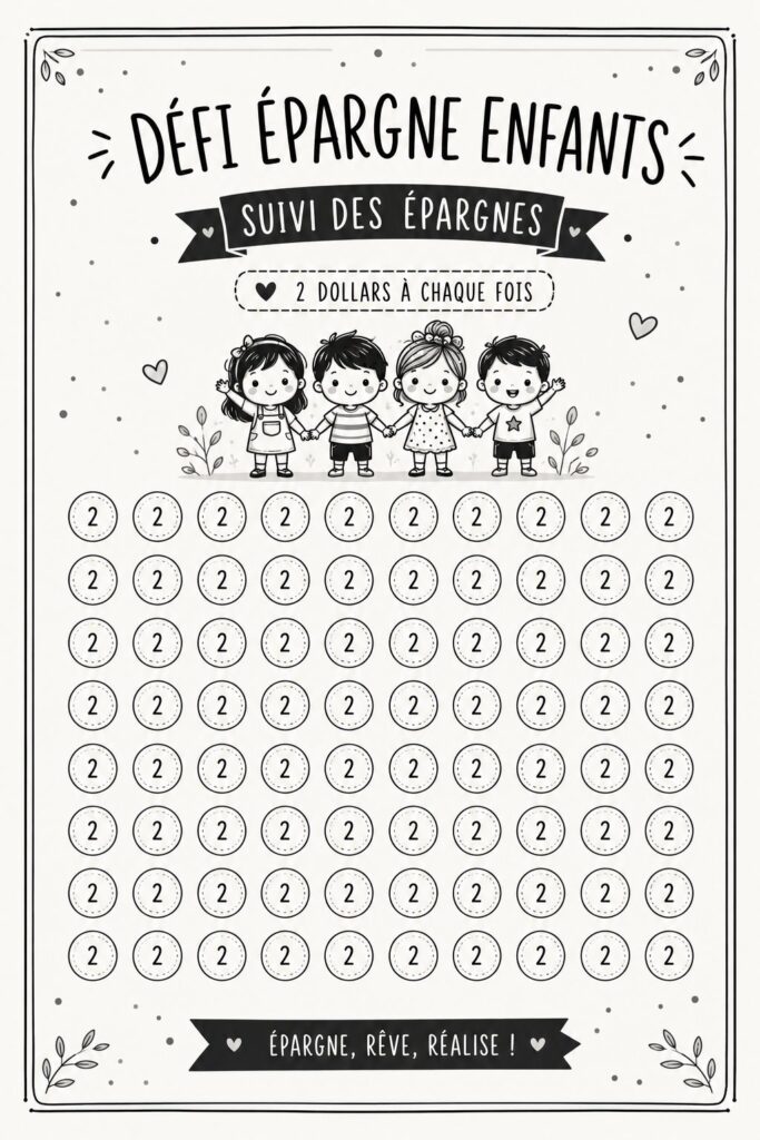 Image d'un tracker d'épargne A6 avec des illustrations pour enfants.