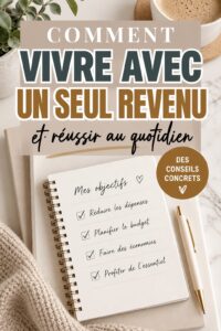 Femme souriante à la maison, organisant son budget familial, illustrant la gestion des finances avec un seul revenu.