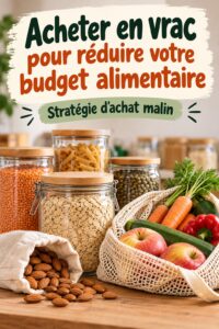 Bols en verre remplis de divers aliments en vrac, symbolisant une approche frugale et durable pour les courses.
