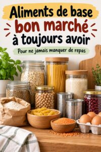 Une sélection d'aliments de base bon marché dans un garde-manger, tels que des pâtes, des haricots et du riz.