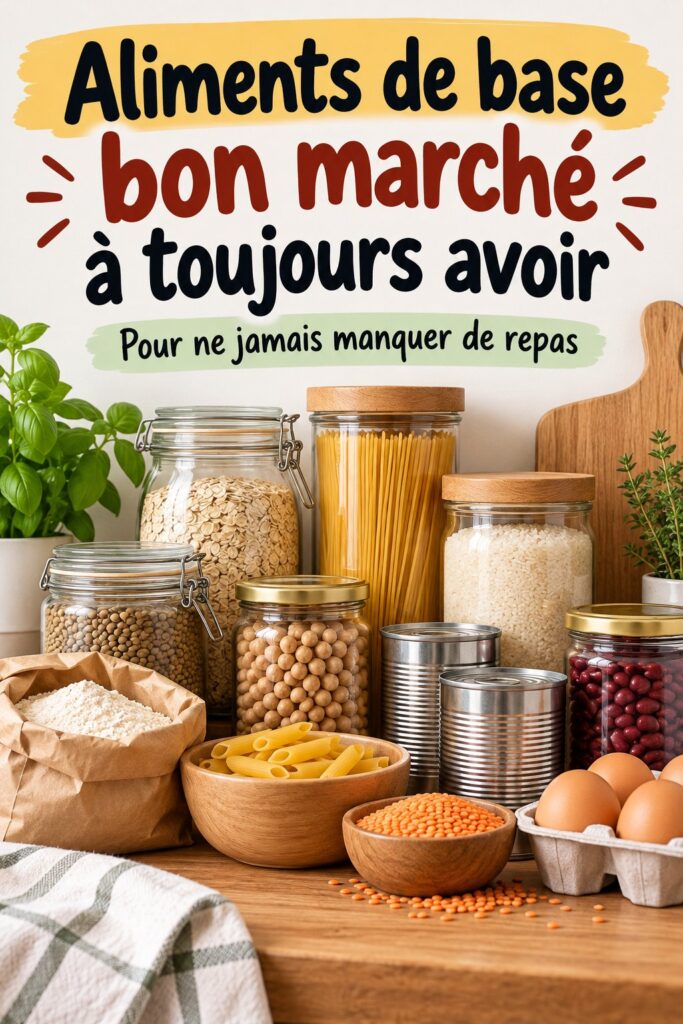 Une sélection d'aliments de base bon marché dans un garde-manger, tels que des pâtes, des haricots et du riz.