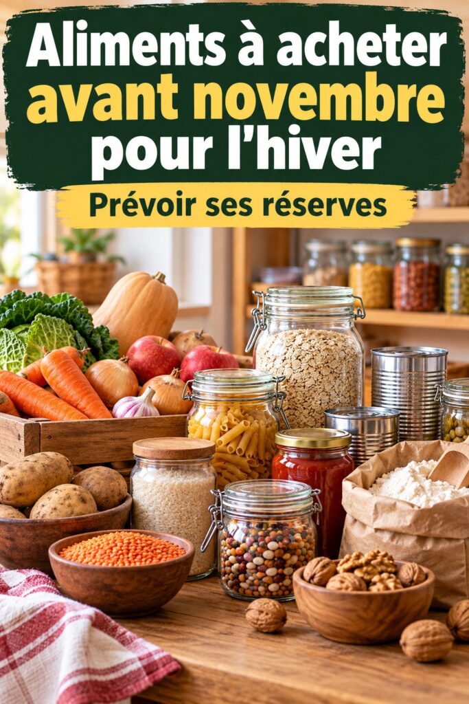 Assortiment d'aliments à acheter avant novembre pour préparer l'hiver