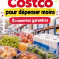 Une femme souriante faisant ses courses chez Costco avec un caddie rempli de produits