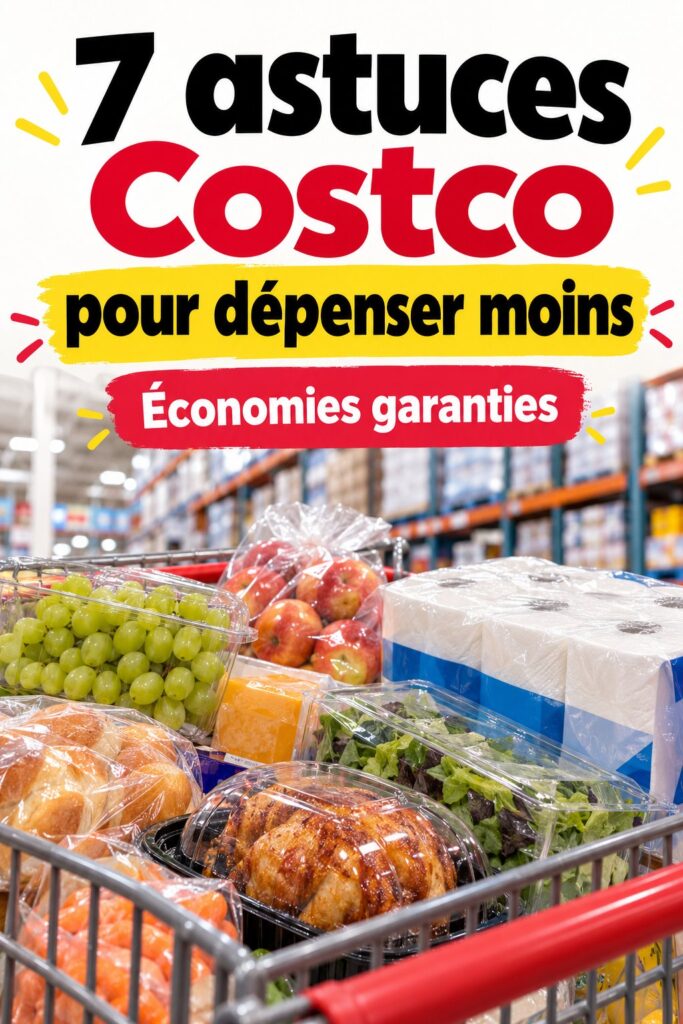 Une femme souriante faisant ses courses chez Costco avec un caddie rempli de produits