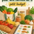 Un plan de repas et des produits alimentaires pour une famille de quatre sur une table de cuisine.