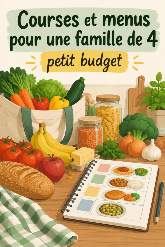 Un plan de repas et des produits alimentaires pour une famille de quatre sur une table de cuisine.