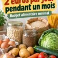 Une femme souriante avec un panier rempli de produits alimentaires bon marché, représentant une gestion astucieuse du budget.