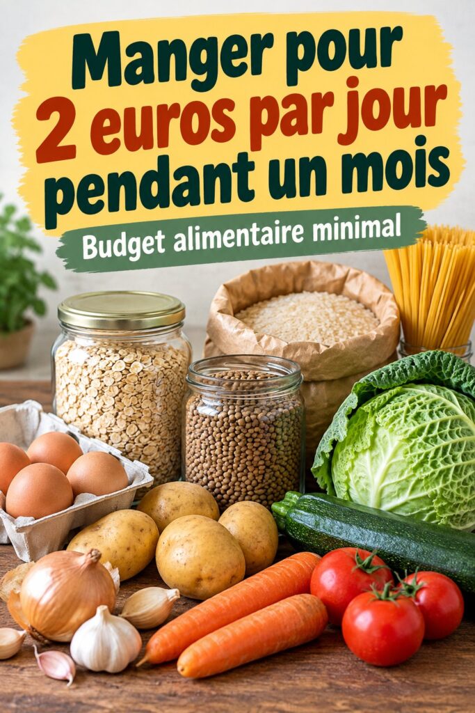 Une femme souriante avec un panier rempli de produits alimentaires bon marché, représentant une gestion astucieuse du budget.