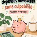 Femme regardant son budget mensuel avec un sourire, mettant en pratique des astuces pour freiner ses dépenses.