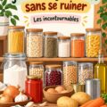 Vue d'un garde-manger bien organisé avec des produits de base.