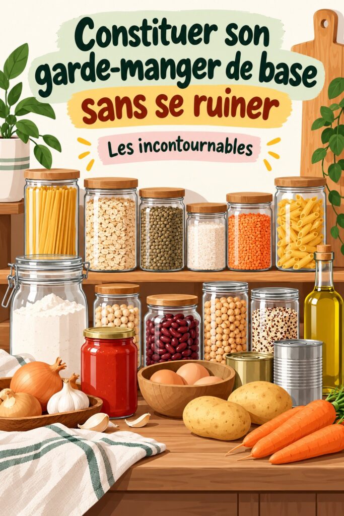 Vue d'un garde-manger bien organisé avec des produits de base.