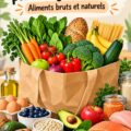 Liste de courses santé avec aliments frais et équilibrés.