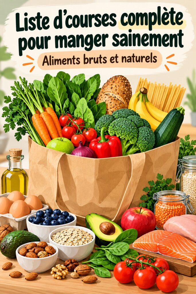 Liste de courses santé avec aliments frais et équilibrés.