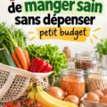 Femme souriante préparant un repas sain à la maison avec des ingrédients frais et abordables.